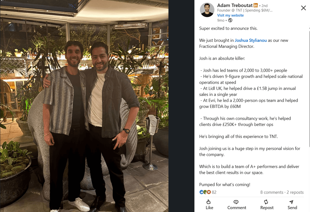 Josh Stylianou with Adam Treboutat at dinner, beside Adam's LinkedIn post announcing Josh as Fractional Managing Director of TNT Growth